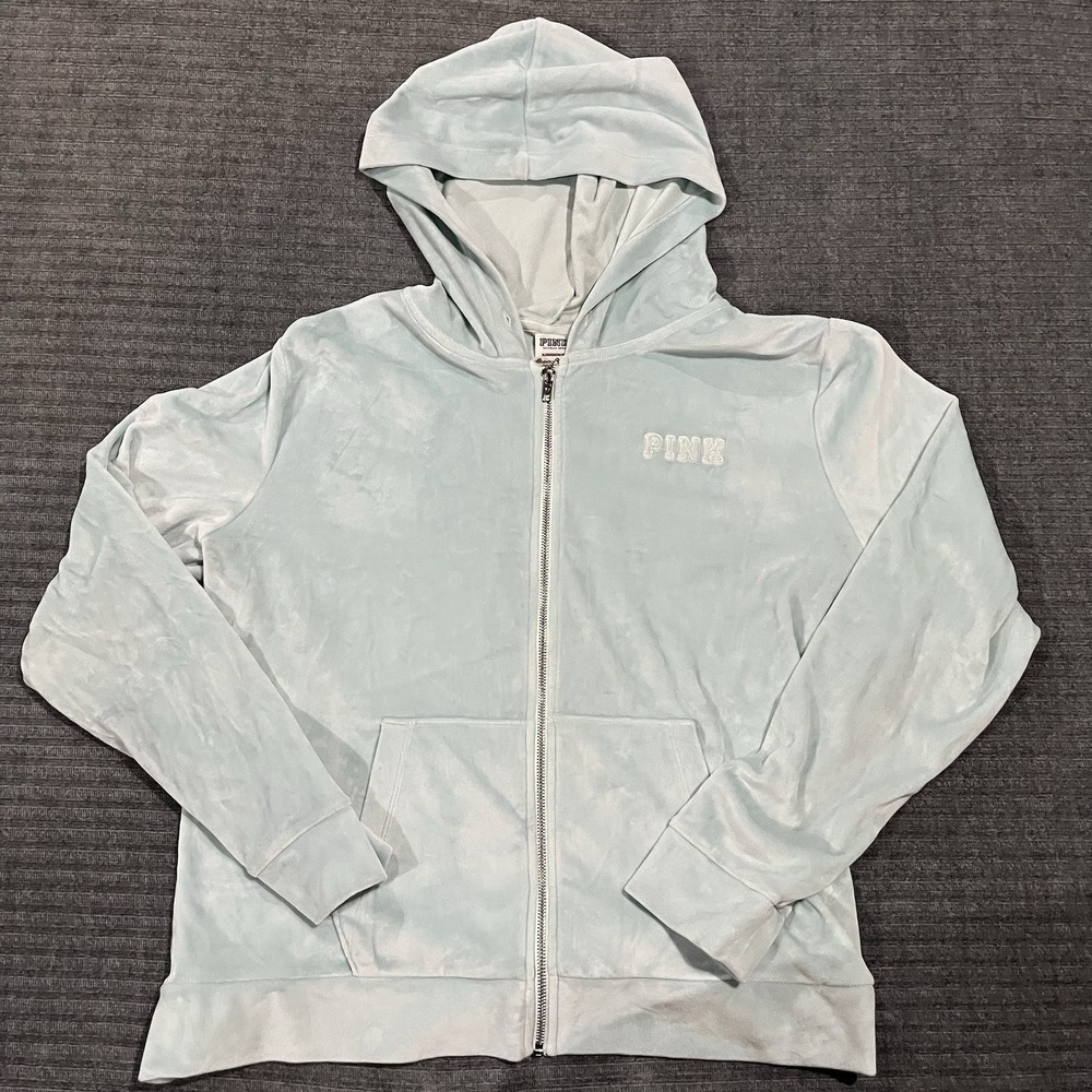 Victoria Secret velour soft hoodie Light Blue full zip cropped Women's XL